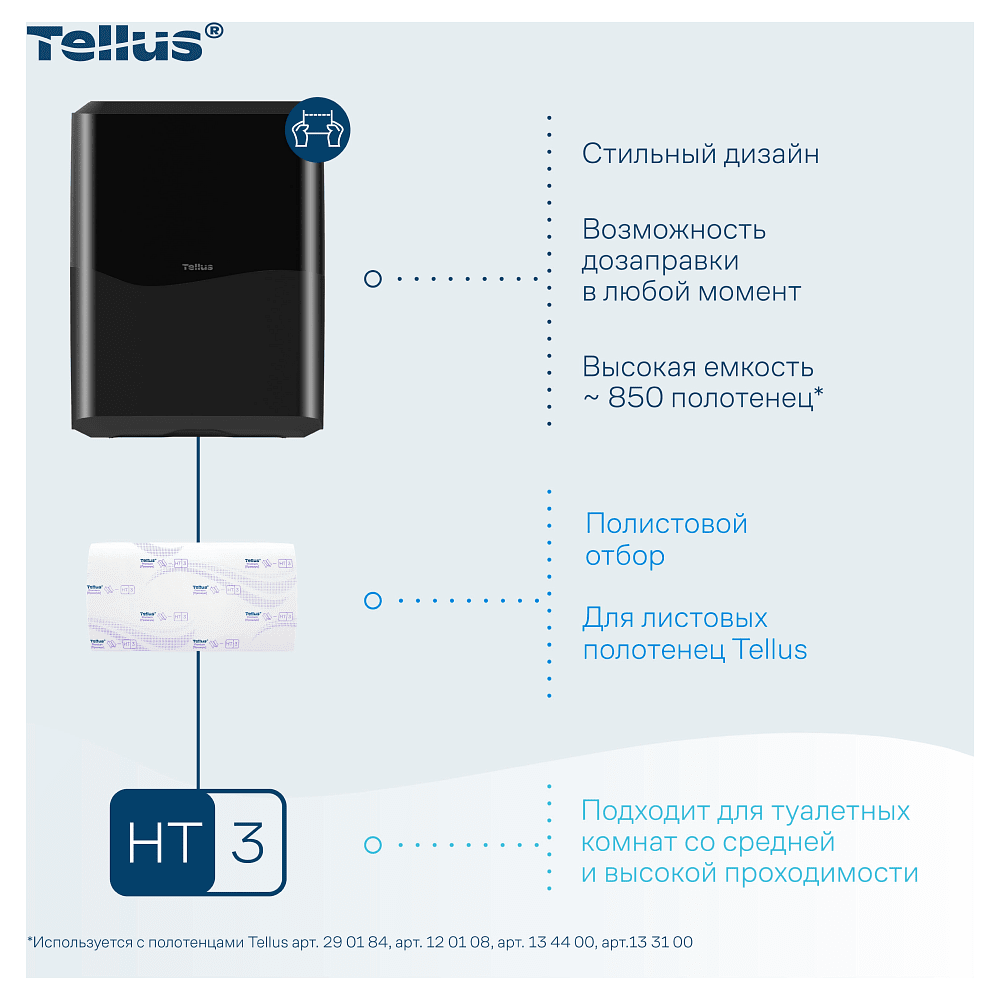 Диспенсер Tellus для полотенец листовых, черный, HT3 - 7
