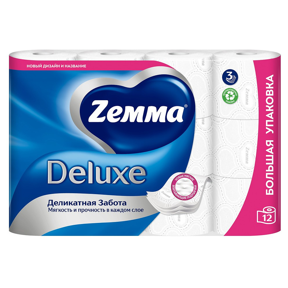 Бумага туалетная Zemma Deluxe, 12 рулонов, 3 слоя, белый - 2