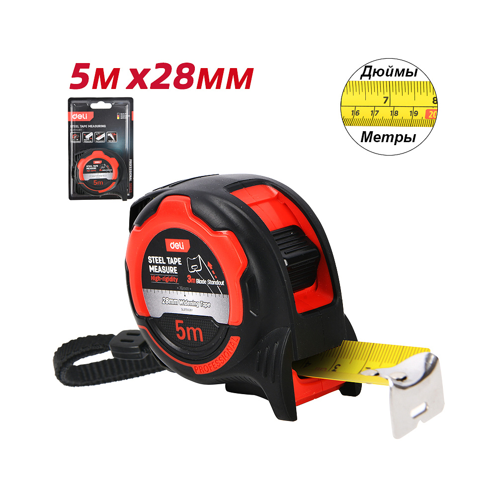 Рулетка "Deli 377528", 5 м, метрическая, дюймовая, черный, красный - 2