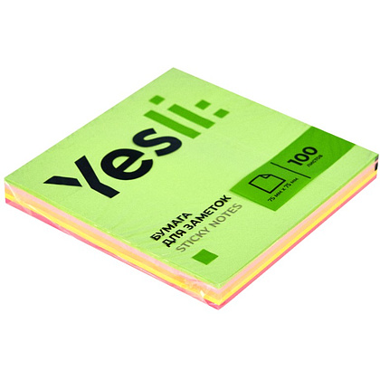 Бумага для заметок на клейкой основе "Yesli:", 75x75 мм, 100 листов,, ассорти неон - 3