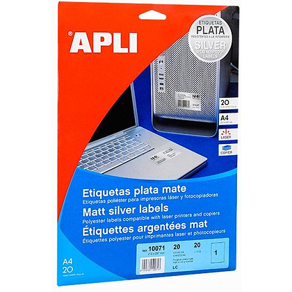 Этикетки влагоустойчивые матовые из полиэстера "Apli", 210x297 мм, 20 листов, 1 шт, металлик