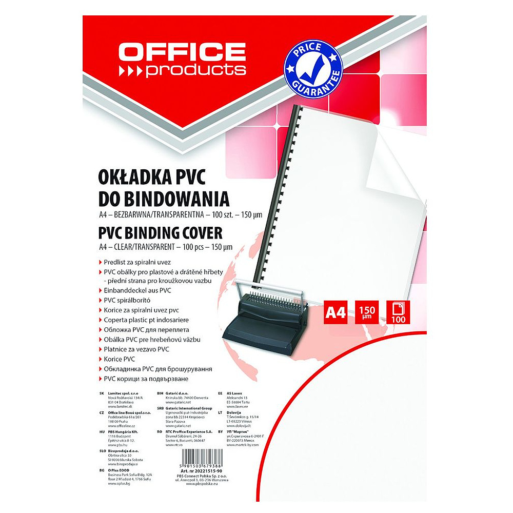 Обложка для переплета "Office Products", A4, пластик, 150 мкм, 100 шт., прозрачный