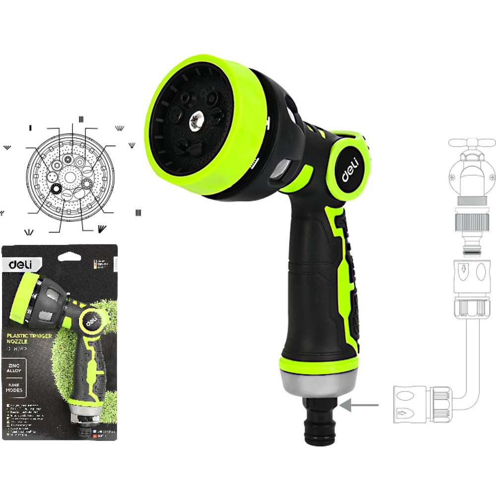 Пистолет-распылитель Deli GS EDL8762, 9 функций, быстросъем, фиксатор курка, черный, зеленый - 2