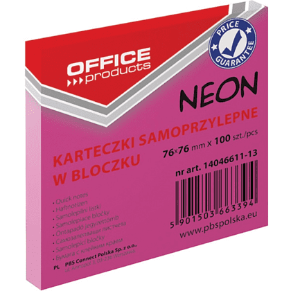 Бумага для заметок "Office Products", 76x76 мм, 100 листов, розовый неон 