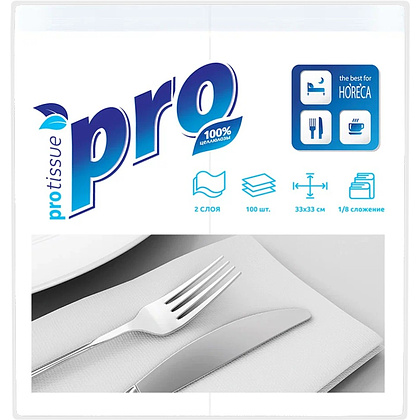 Салфетки бумажные PROtissue, 33х33см, 2 слоя, 1/8 - сложение, белый, 100 листов