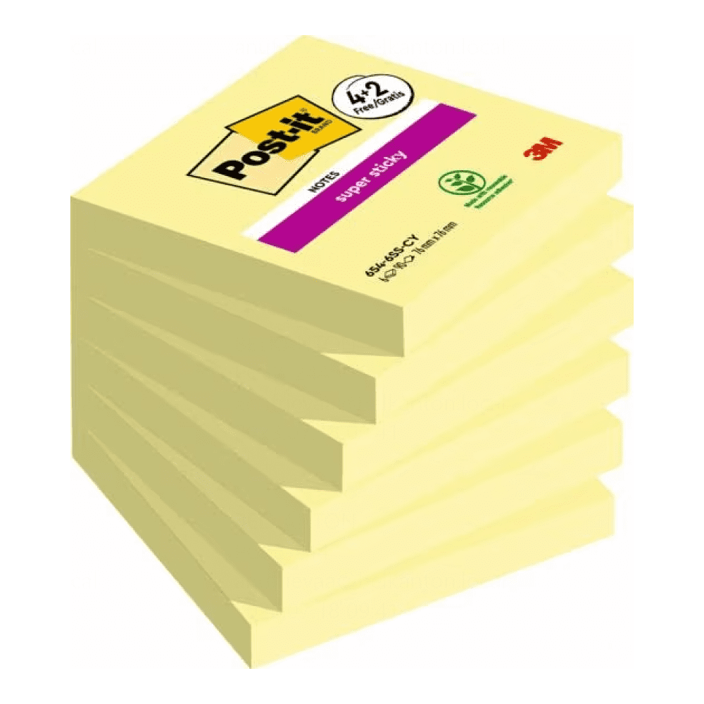 Бумага для заметок "Post-it SuperSticky", 76x76 мм, 6 шт/упак, 90 листов, желтый