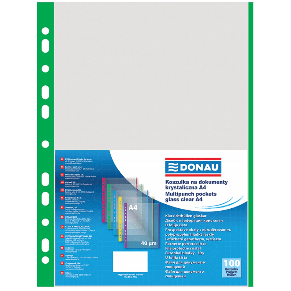 Файл (папка-карман) с цветной перфорацией, A4, 100 шт, 40 мкм, зеленый