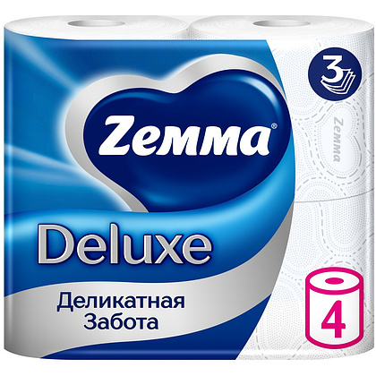 Бумага туалетная Zemma Deluxe, 4 рулона, 3 слоя, белый