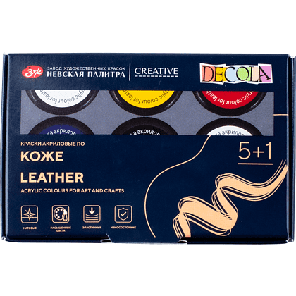 Краска акриловая по коже "Декола", набор 5 цветов, банки, лак, 20 мл