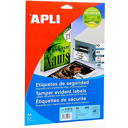 Гарантийные белые этикетки из полиэстера "Apli Security", 45.7x21.2 мм, 10 листов, 48 шт, белый