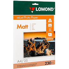 Фотобумага матовая для струйной фотопечати "Lomond", А4, 25 листов, 230 г/м2