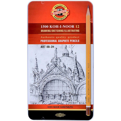 Набор карандашей чернографитных "Koh-I-Noor 1500 Art", 2Н-8В, 12 шт.