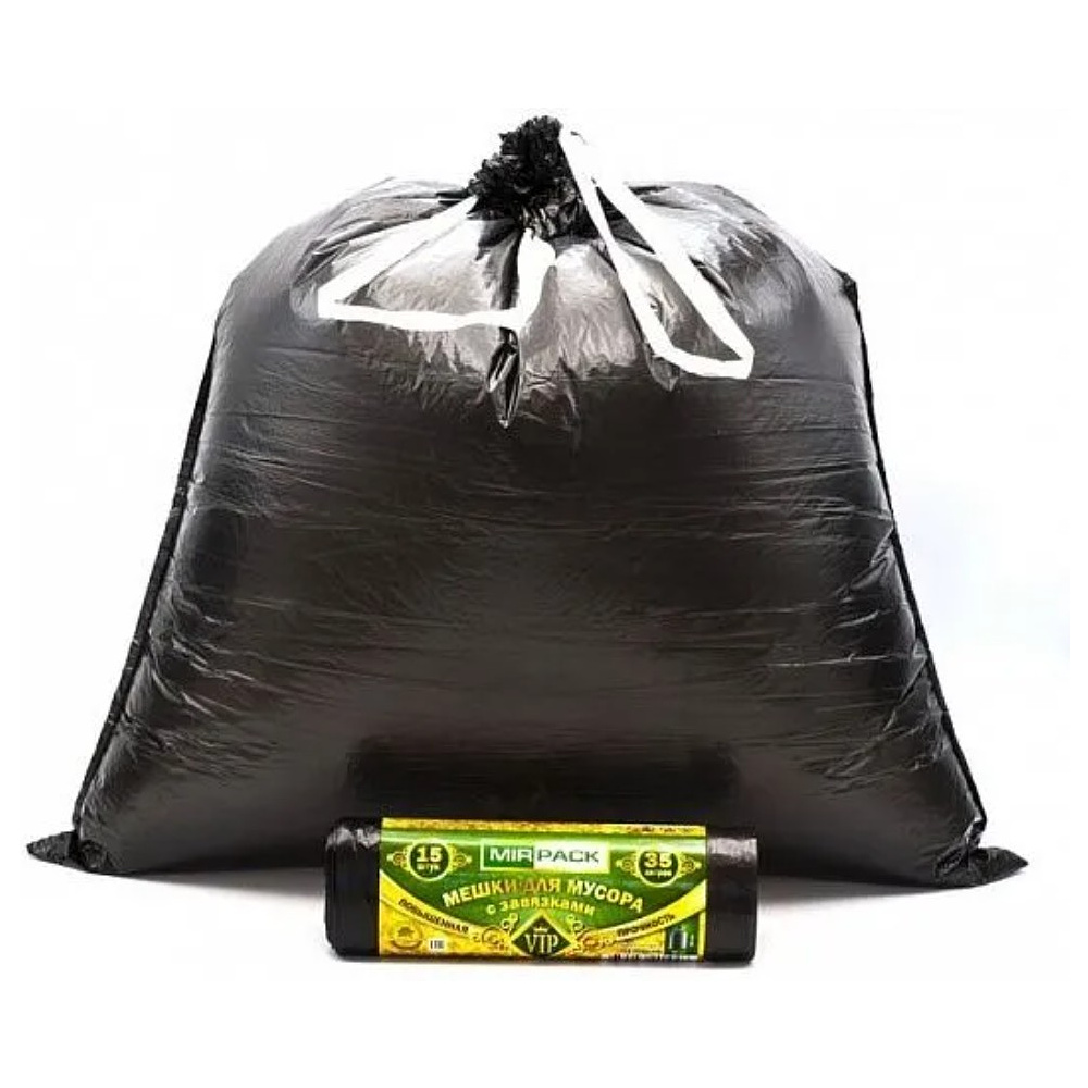 Мешки для мусора 35 л, 15 шт/рулон, ПНД, Mirpack Vip, 18 мкм, 50х60см, черный, с завязками - 2
