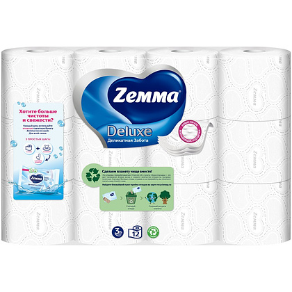 Бумага туалетная Zemma Deluxe, 12 рулонов, 3 слоя, белый - 5