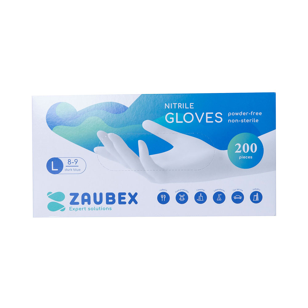 Перчатки нитриловые неопудренные одноразовые "Zaubex", р-р L, 200 шт/упак, голубой - 5