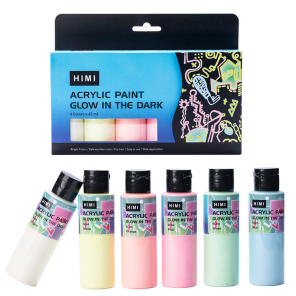 Краски акриловые "Himi", 6 цветов, светящиеся в темноте, флаконы