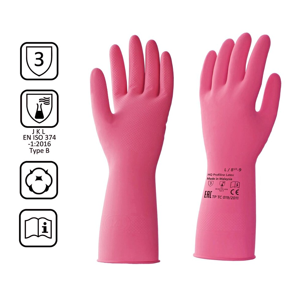 Перчатки латексные HQ Profiline, р-р L, с х/б покрытием, красный