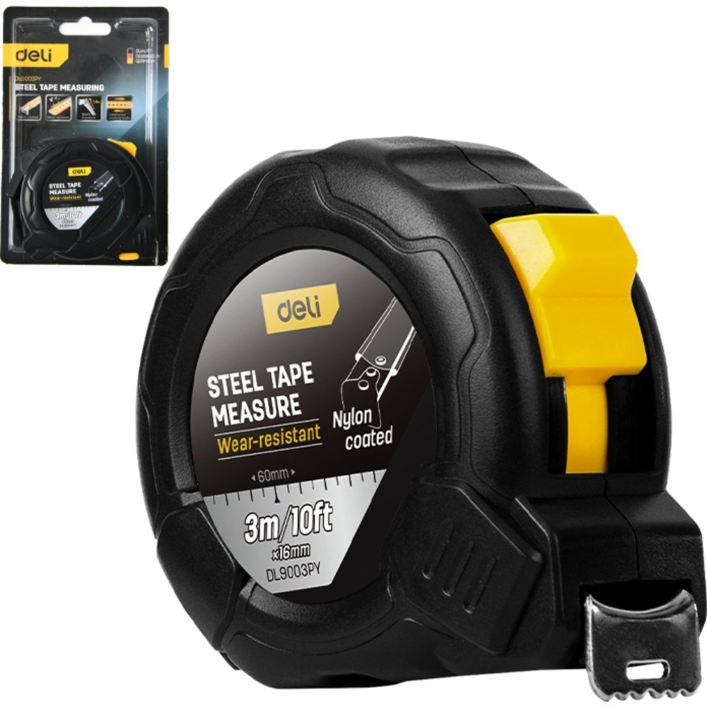 Рулетка Deli YS EDL9003PY, 3 м х 16 мм, нейлоновое покрытие, черный