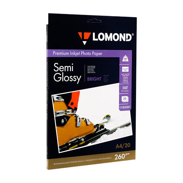 Фотобумага полуглянцевая тепло-белая для струйной фотопечати "Lomond", А4, 20 листов, 260 г/м2