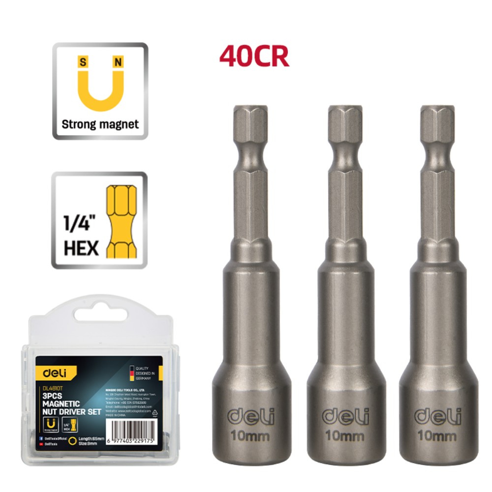 Набор насадок шестигранных магнитных Deli YS EDL4810T, 10 мм, 3 шт, HEX 1/4", серебристый