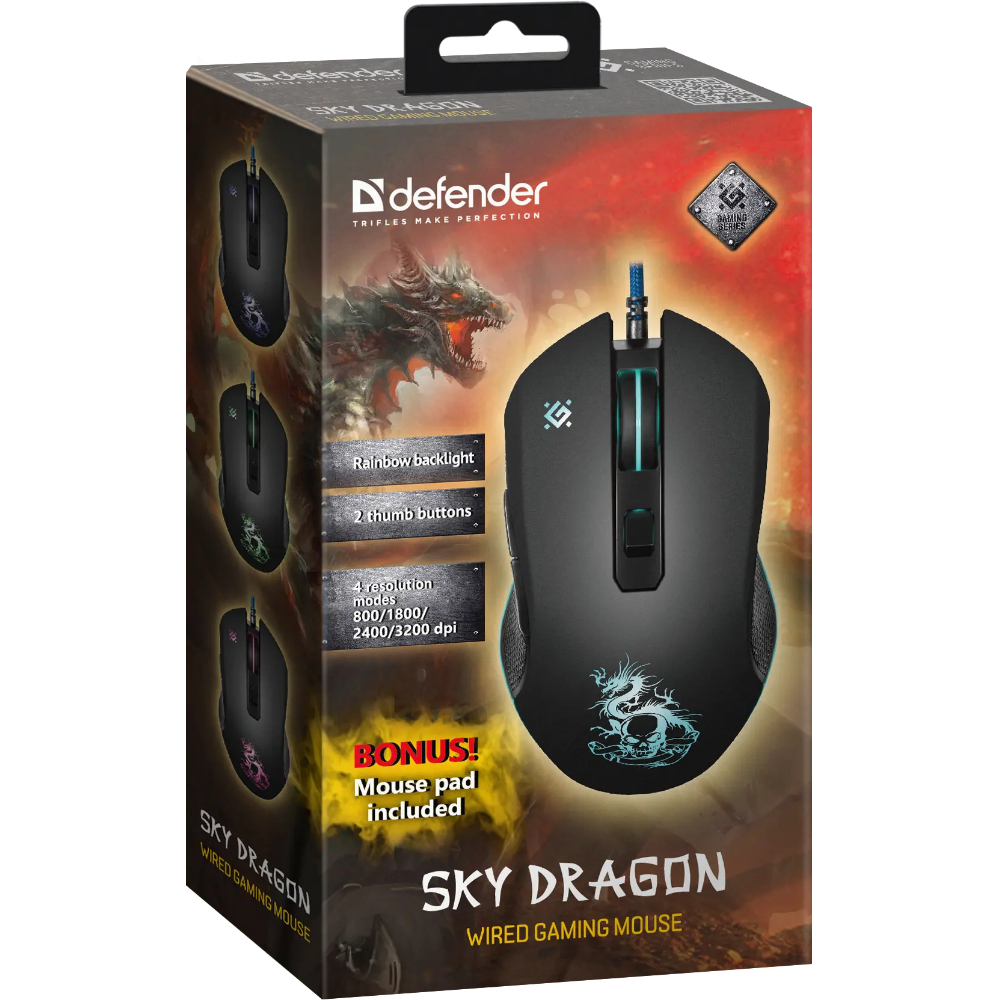 Набор мышь и коврик "Defender Sky Dragon GM-090L", оптич.,проводная, черная, 800-3200dpi