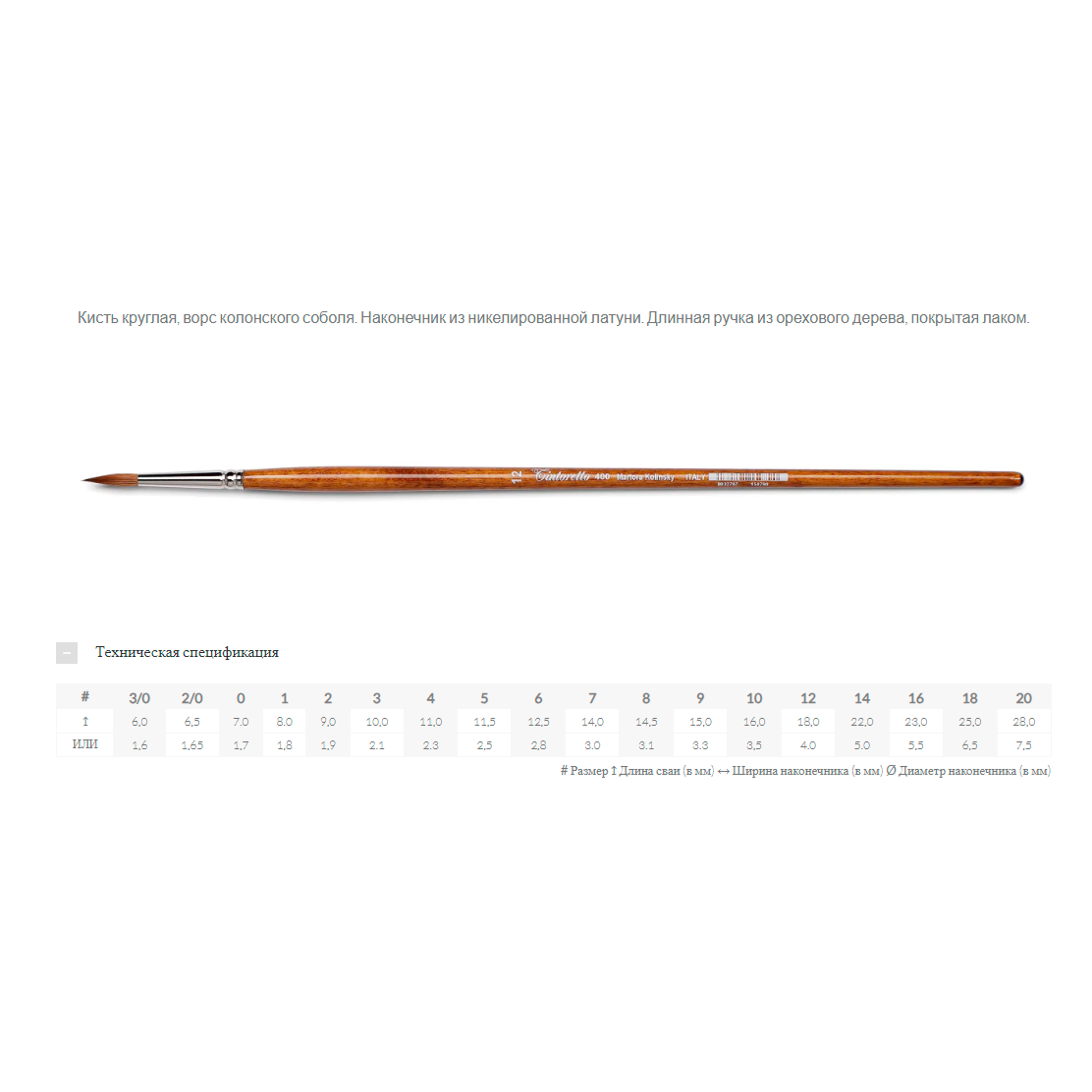 Кисть для рисования "Tintoretto Martora Kolinsky", сибирский колонок, круглая, №2/0 - 2