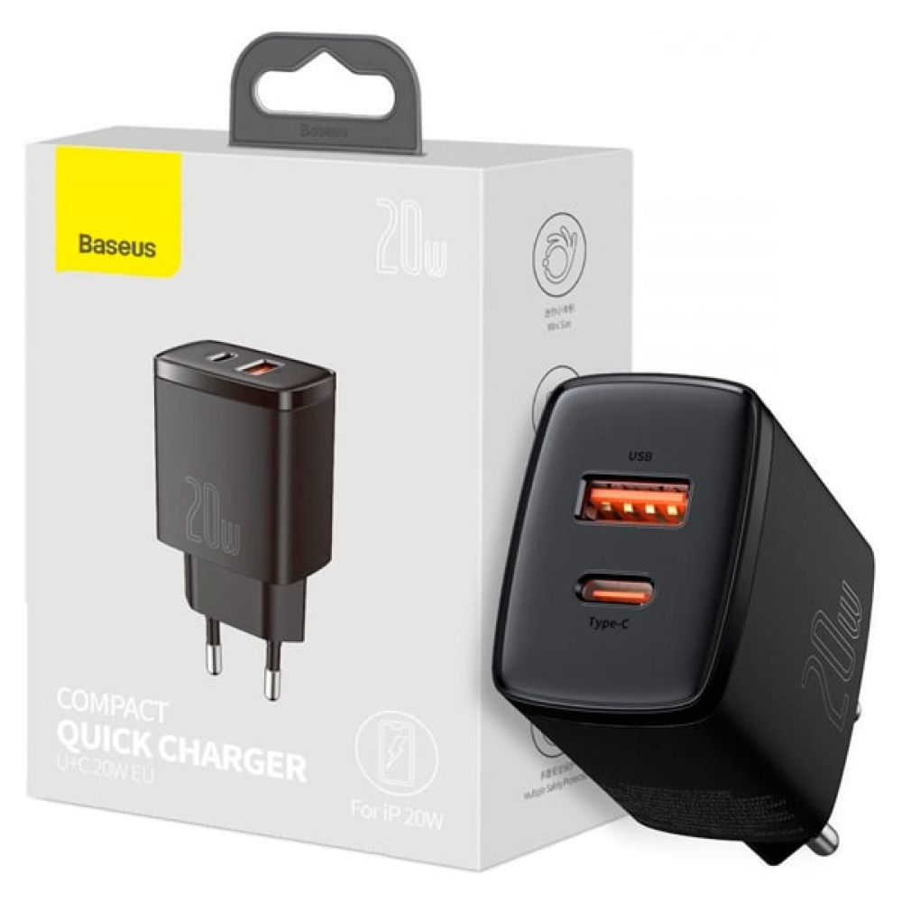 Сетевое зарядное устройство Baseus "CCXJ-B01", Compact Quick Charger USB+Type-C 20W, черный - 3
