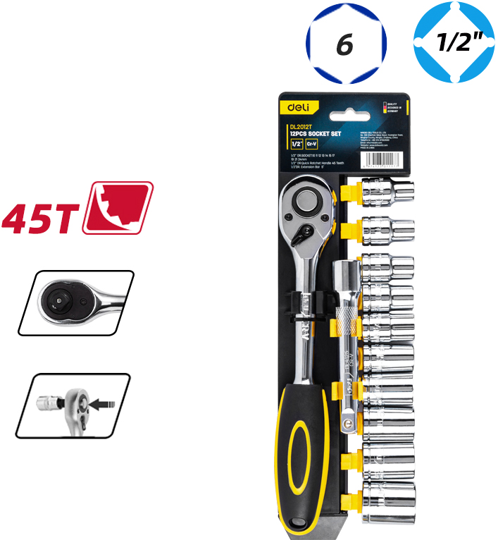 Набор торцевых ключей Deli "EDL2012T", 12 предметов, 10-24 мм, желтый, серебристый