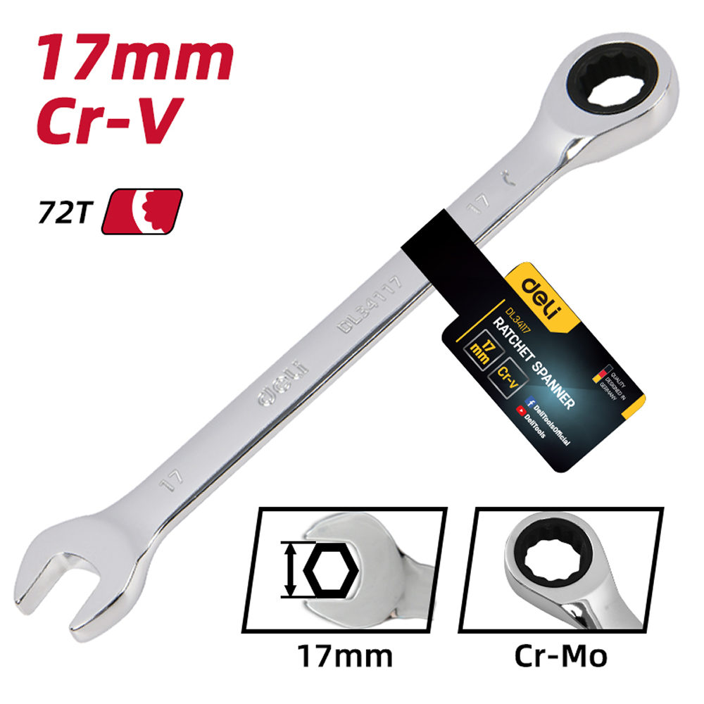 Ключ комбинированный Deli YS EDL34117, 17 мм, с трещоткой, 72 зуба - 6
