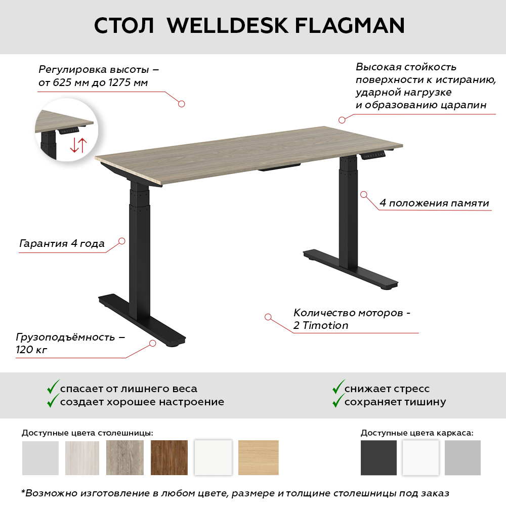 Стол подъемный WellDesk Flagman (регулируемый по высоте каркас арт. 9022026 и столешница арт. 9190094)