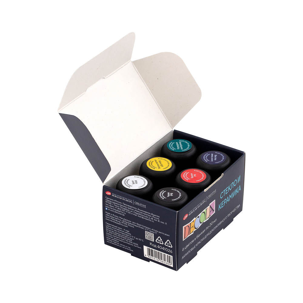 Краска акриловая по стеклу и керамике "Декола", набор 6 цветов, 20 мл, банки - 4