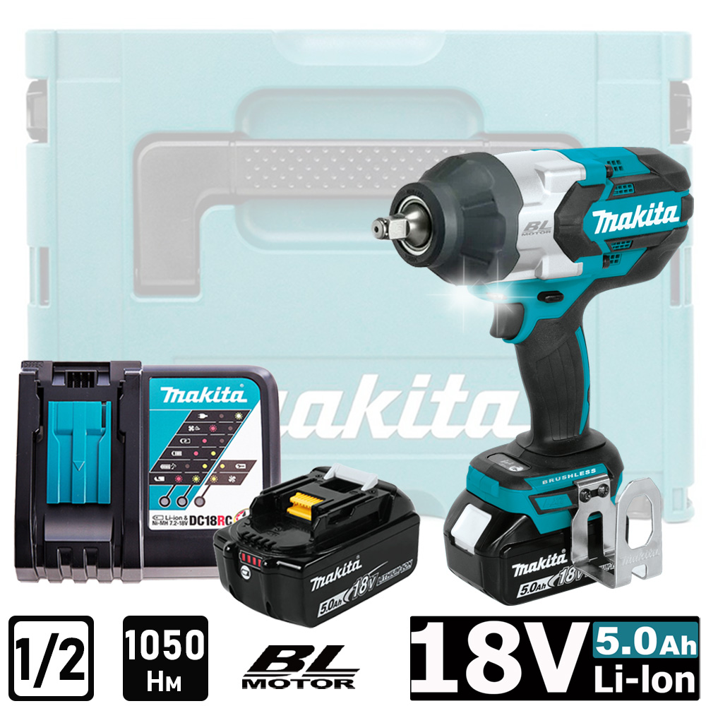 Аккумуляторный гайковерт MAKITA DTW1002RTJ, 18 В, 1050 Нм, 1/2", 5.0Ачx2, MakPac 3