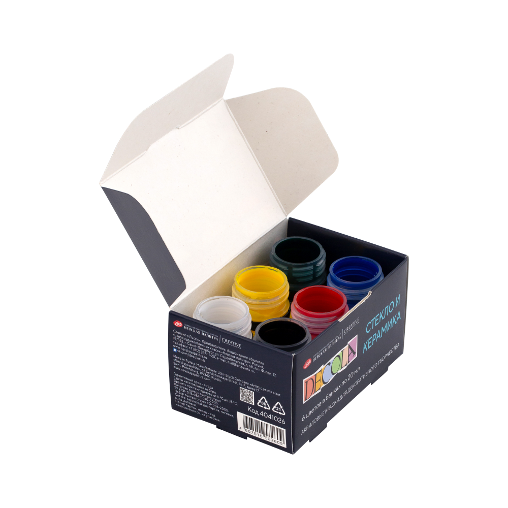 Краска акриловая по стеклу и керамике "Декола", набор 6 цветов, 20 мл, банки - 5