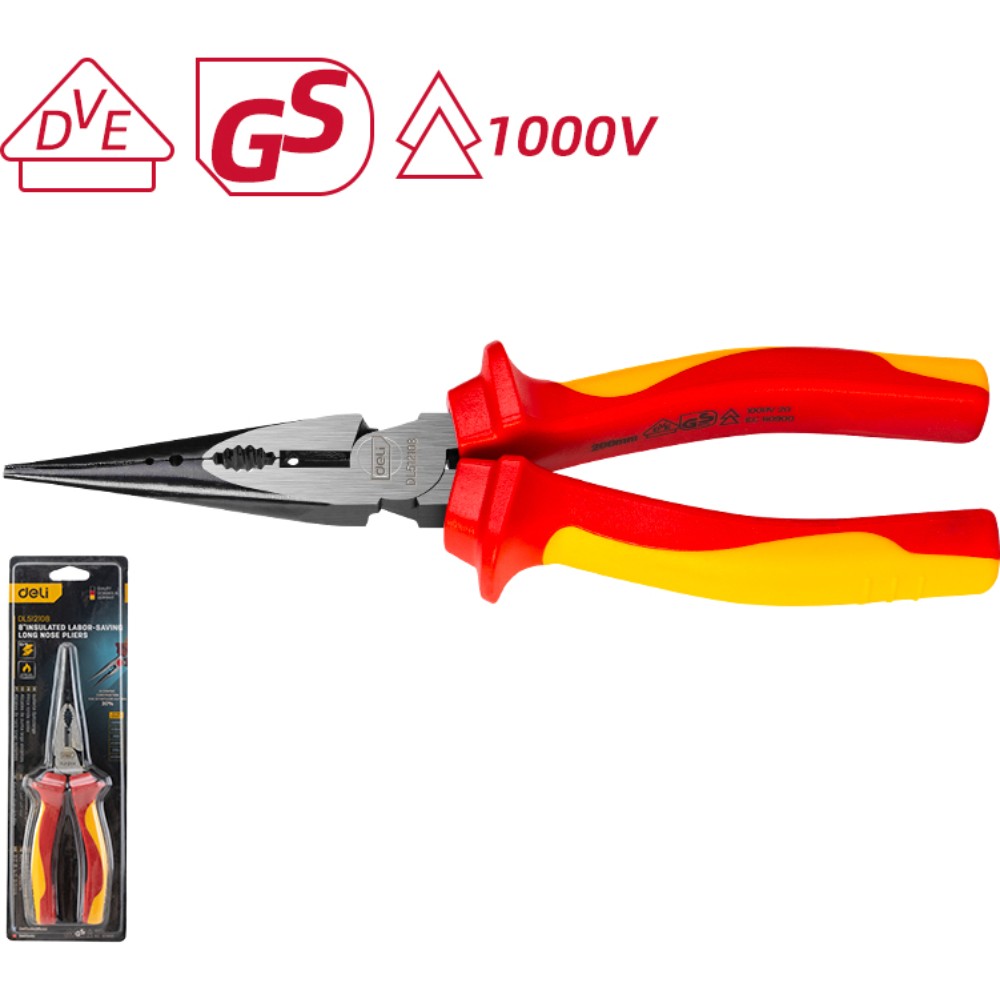 Длинногубцы диэлектрические Deli YS EDL512108, 200 мм, красный, желтый