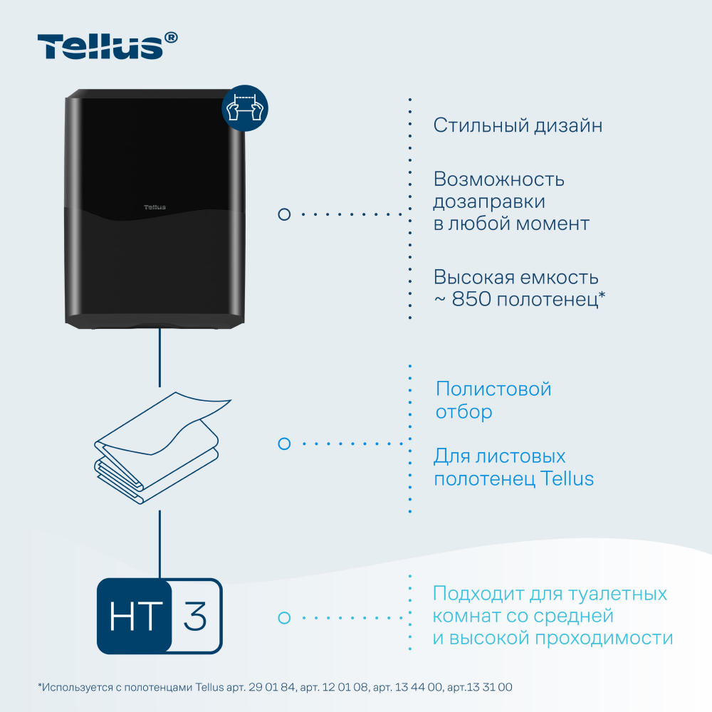 Диспенсер Tellus для полотенец листовых, черный, HT3 - 14