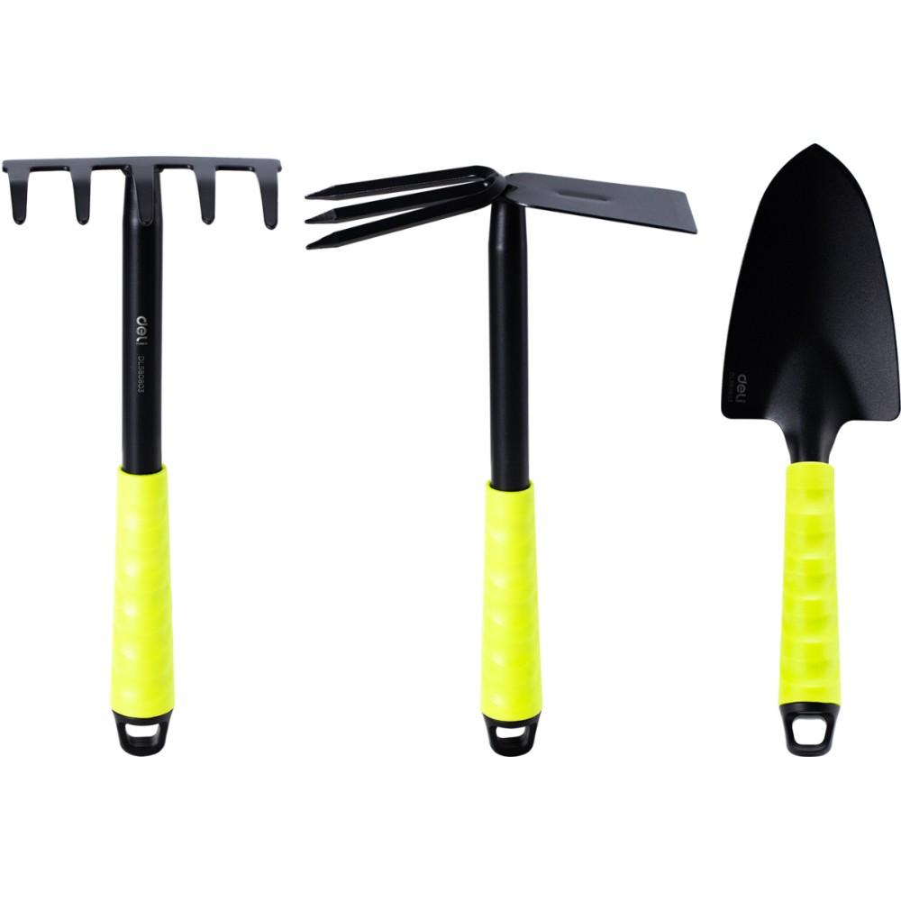 Набор садовых инструментов Deli GS EDL580803, 310 мм, 3 шт., лопата, мотыга, грабли, зеленый, черный