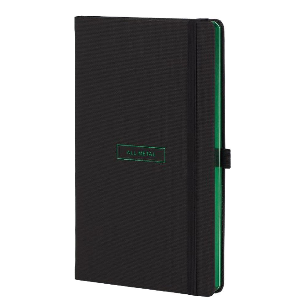 Блокнот "All metal green", А5, 96 листов, на резинке, черный, срез зеленый