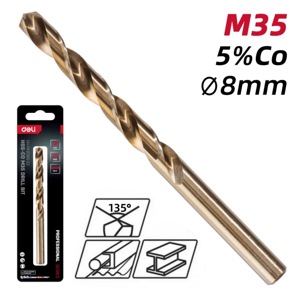 Сверло по металлу Deli RS EDH-MHZ080-E2, 8.0 мм, DIN 338, HSCo 5% - 2