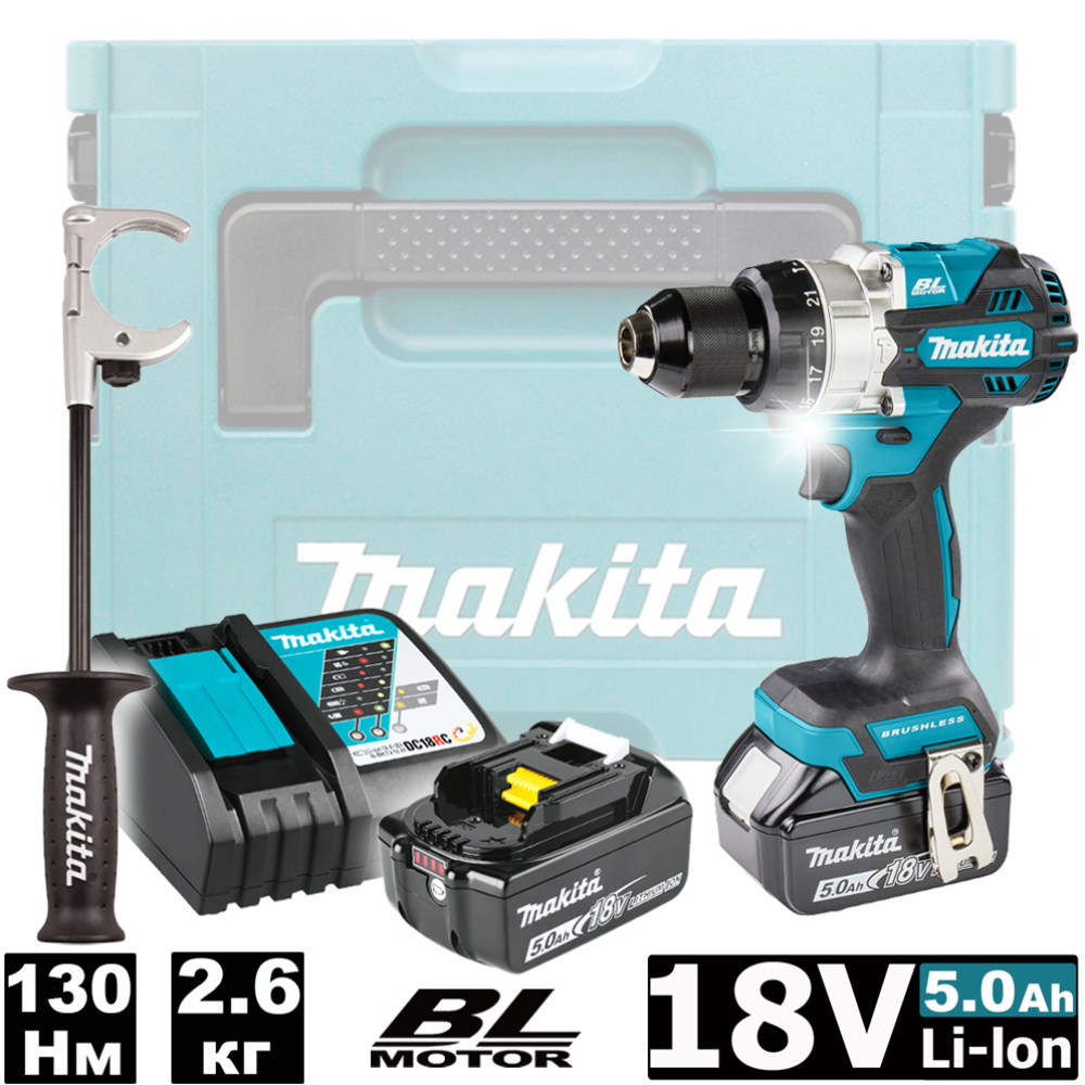 Дрель-шуруповерт аккумуляторная MAKITA DHP486RTJ, 18 В, 130 Нм, 5.0Ачx2, MakPac