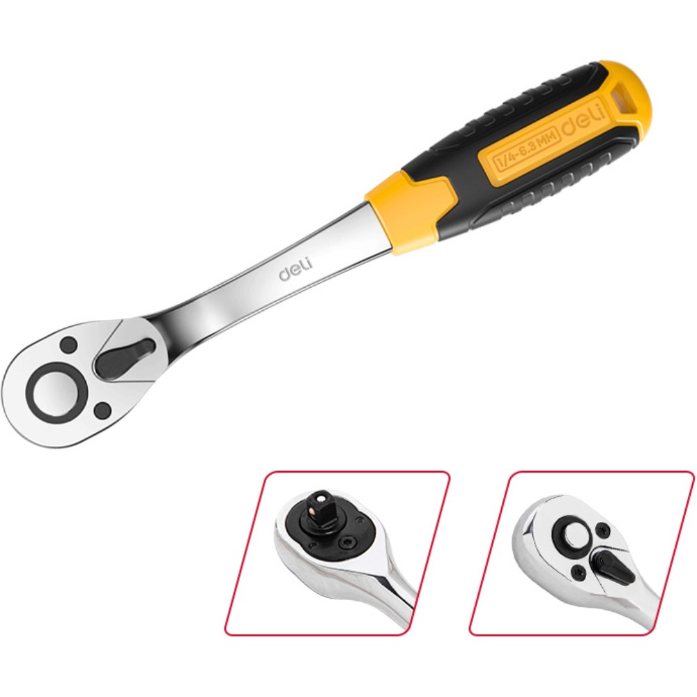 Ключ-трещотка Deli RS EDL2324 1/4", 150 мм, 72 зуба, черный, желтый