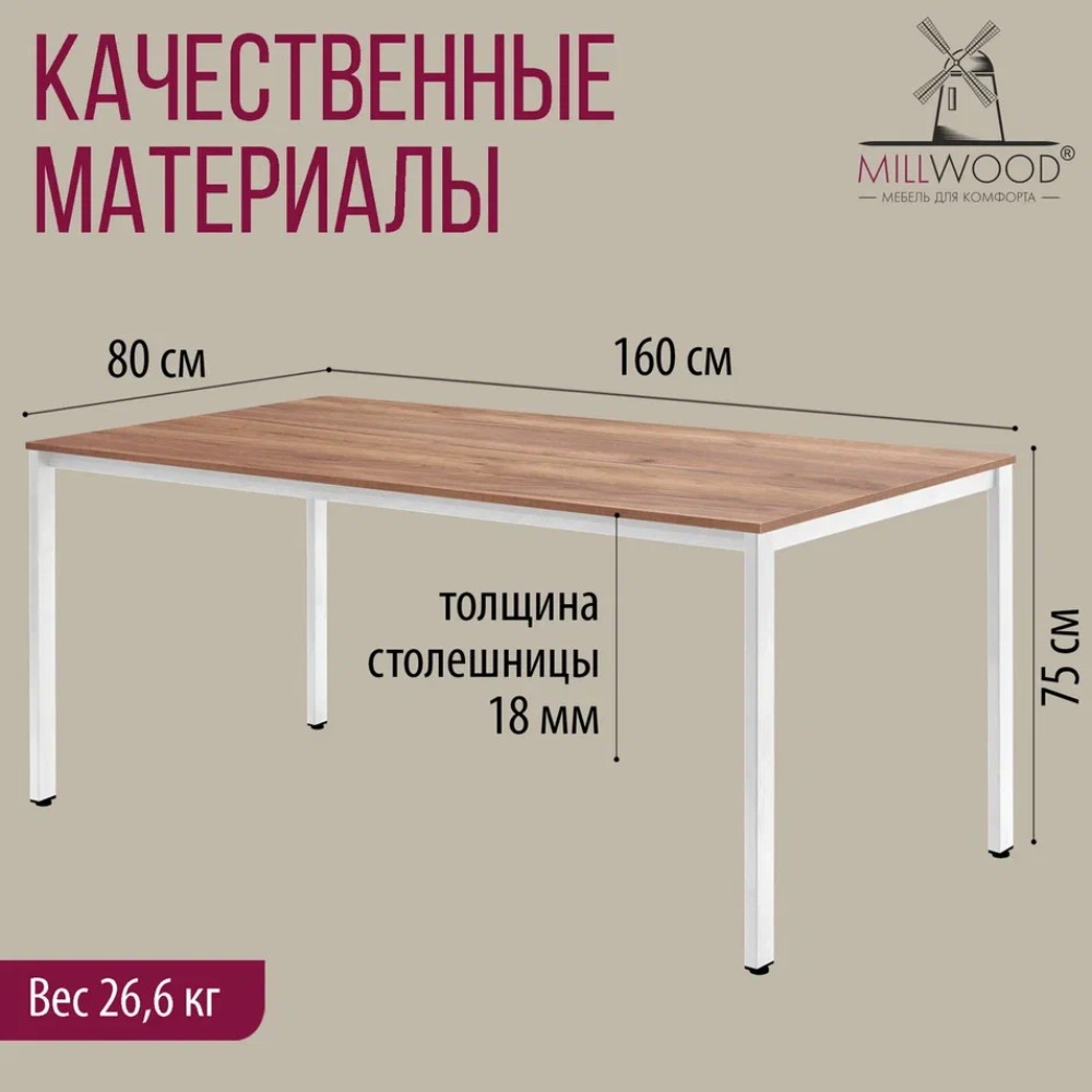 Стол Millwood Сеул, 1600х800 мм, дуб табачный крафт, белый - 4