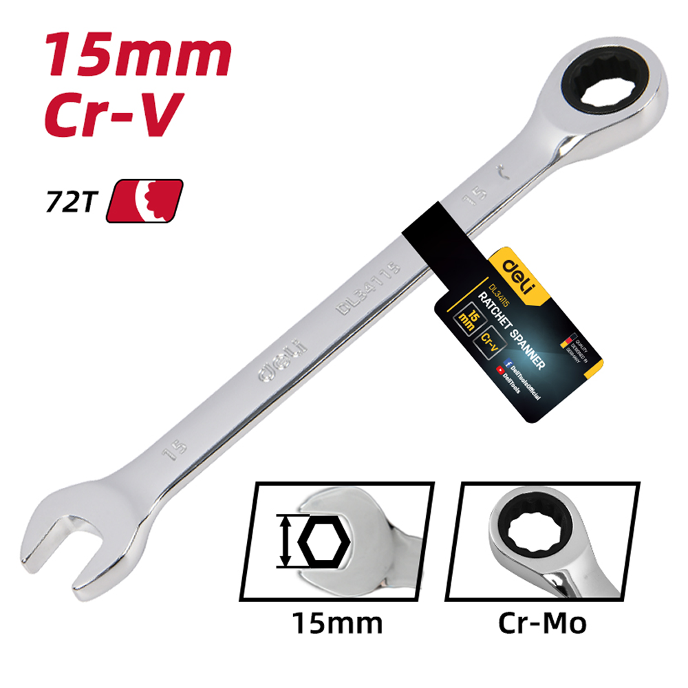 Ключ комбинированный Deli YS EDL34115, 15 мм, с трещоткой, 72 зуба - 6