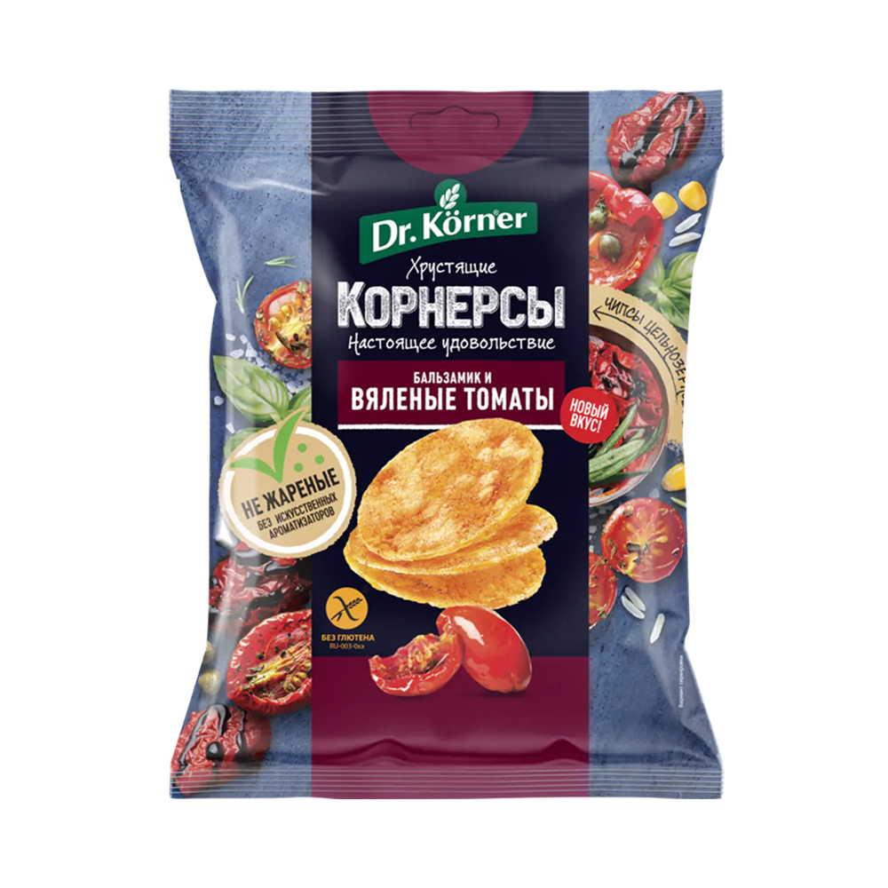 Чипсы цельнозерновые "Dr.Korner", 50 гр, кукурузно-рисовые с вялеными томатами и бальзамиком