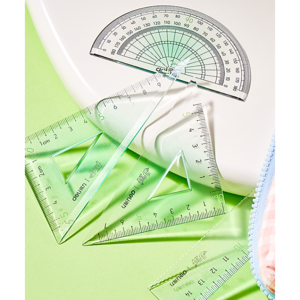 Набор чертежный "Deli VC158": линейка 15 см, треугольник 45 и 60 гр, транспортир 180 гр, ассорти