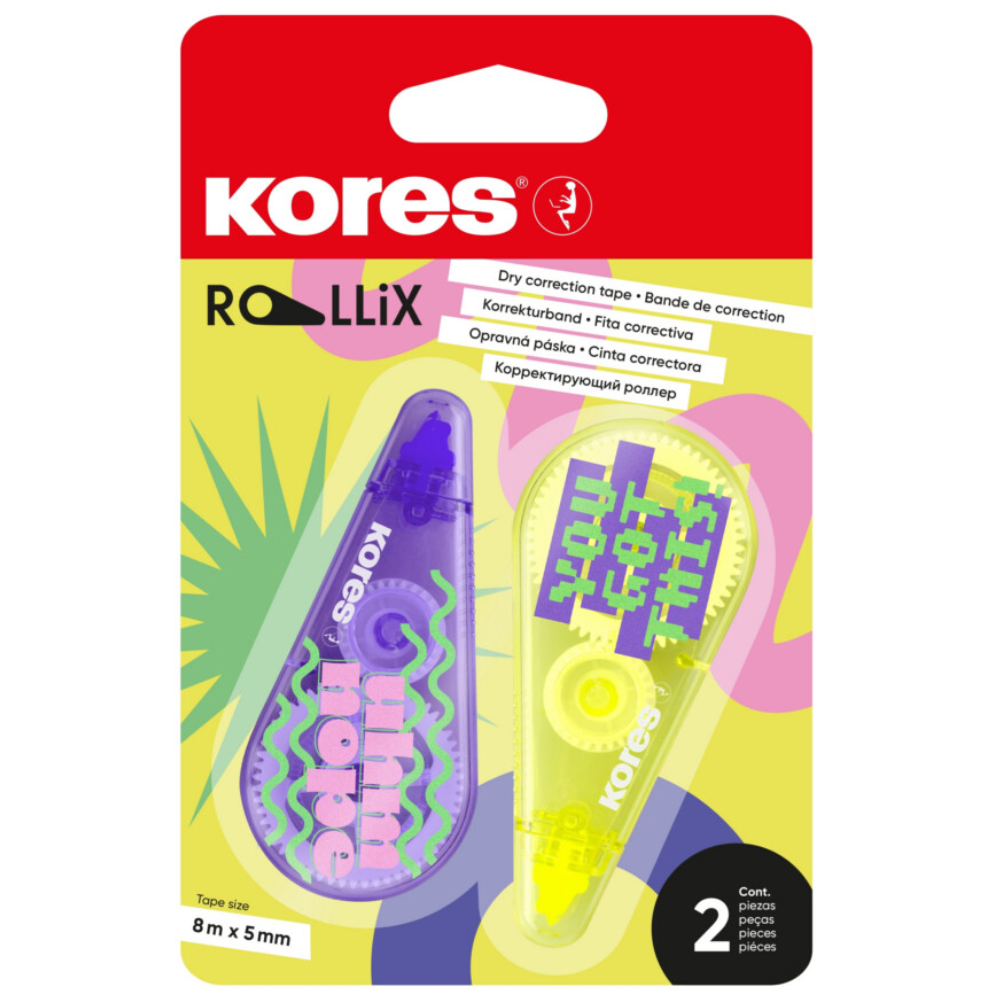 Корректор-роллер "Kores Rollix", 8x5 м/мм, 2 шт/упак, ассорти
