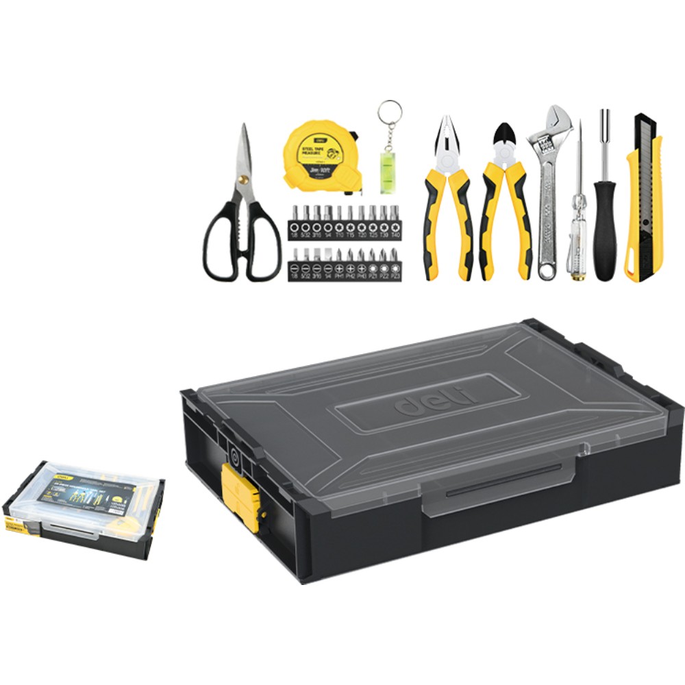 Набор ручного инструмента "Deli", 29 предметов, чемодан, черный, желтый