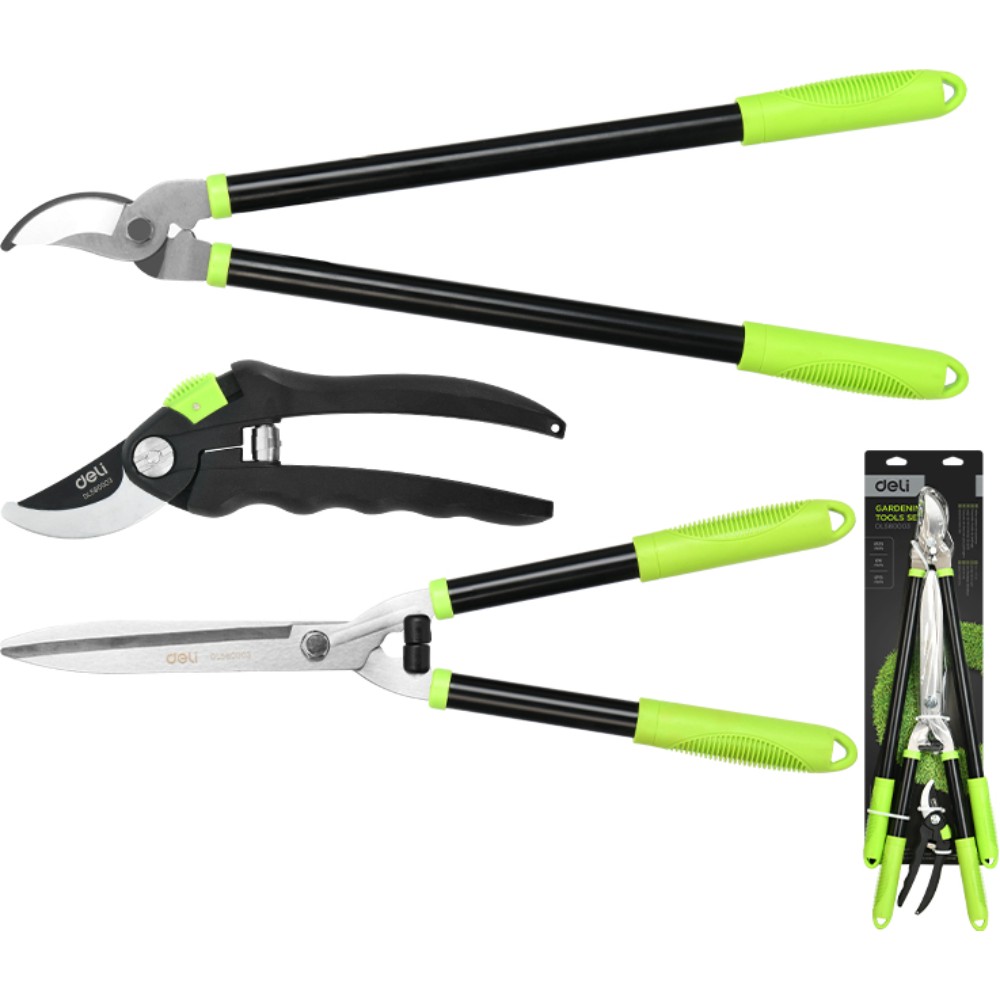 Набор садовых инструментов Deli "EDL580003", 3 предмета (кусторез, сучкорез, секатор), зеленый, черный 