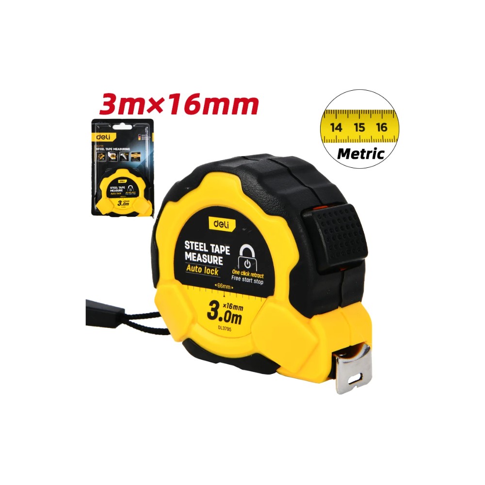 Рулетка Deli YS EDL3795, 3 м х 16 мм, желтый, черный