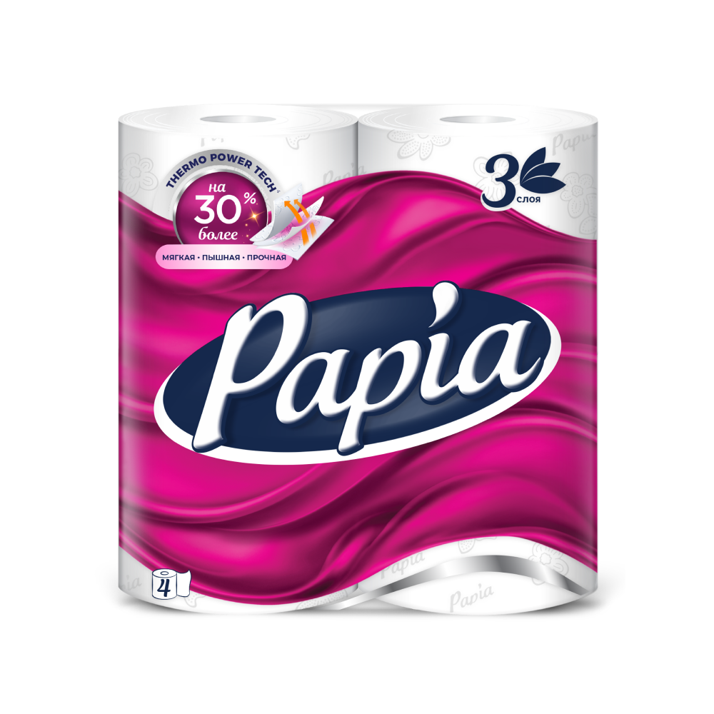 Бумага туалетная  Papia, 16,5м, 3 слоя, 4 рулона, 100% целлюлоза