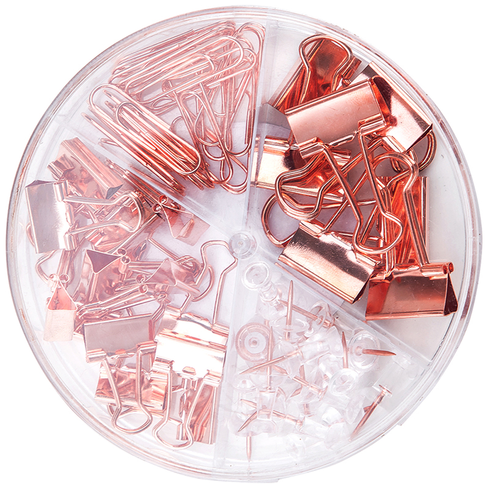 Набор канцелярский "Deli" зажимы+скрепки+кнопки, розовое золото